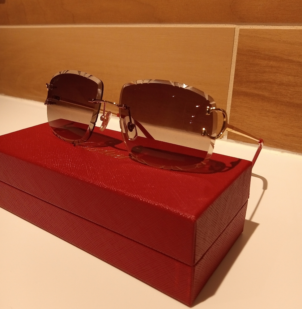 Cartier C decor Brown Coffee Tint Gold Wire Diamond Cut Lens Rimless Glasses